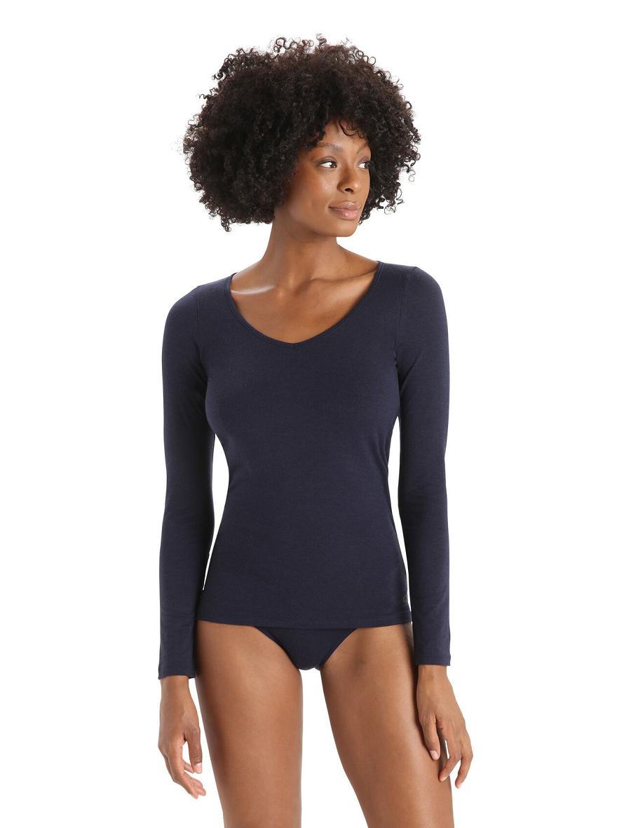 Women\'s Icebreaker Merino Siren Long Sleeve Sweetheart Top Underwear Midnight Navy | CA 1260RVDW